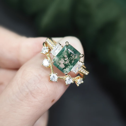 Emerald Cut Moss Agate Three-Stone Vintage Inspire Gold Ring Set 2pcs