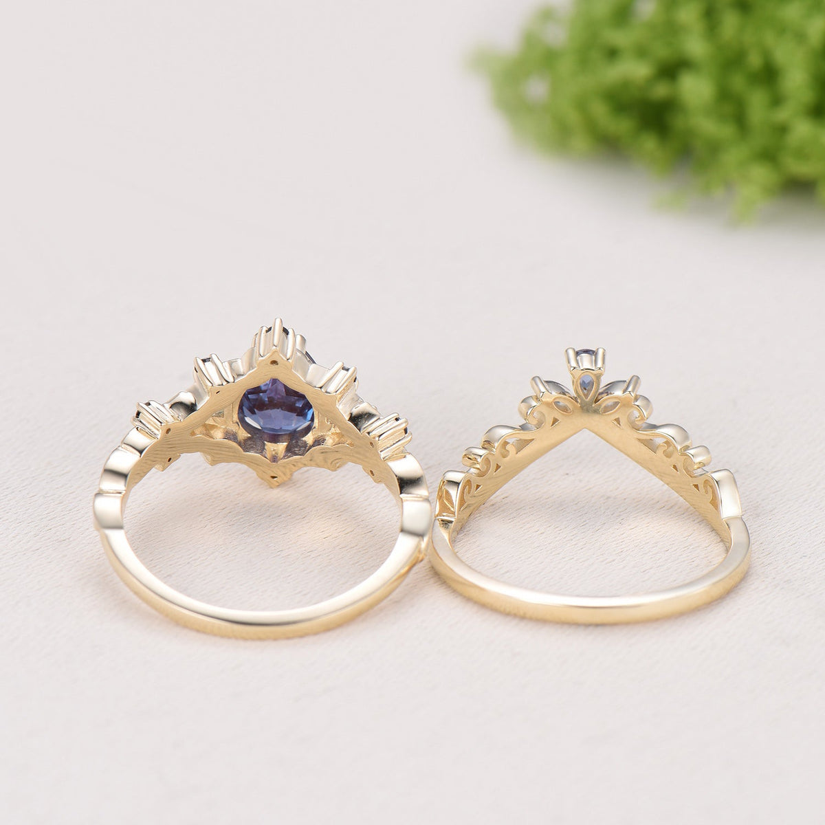Vintage Pear Alexandrite Engagement Ring Set, 14k Rose Gold, Black Spinel Leaf Vine