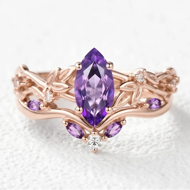 Violet’s Twig | Vintage Marquise Amethyst & Diamond Bridal Set 2pcs