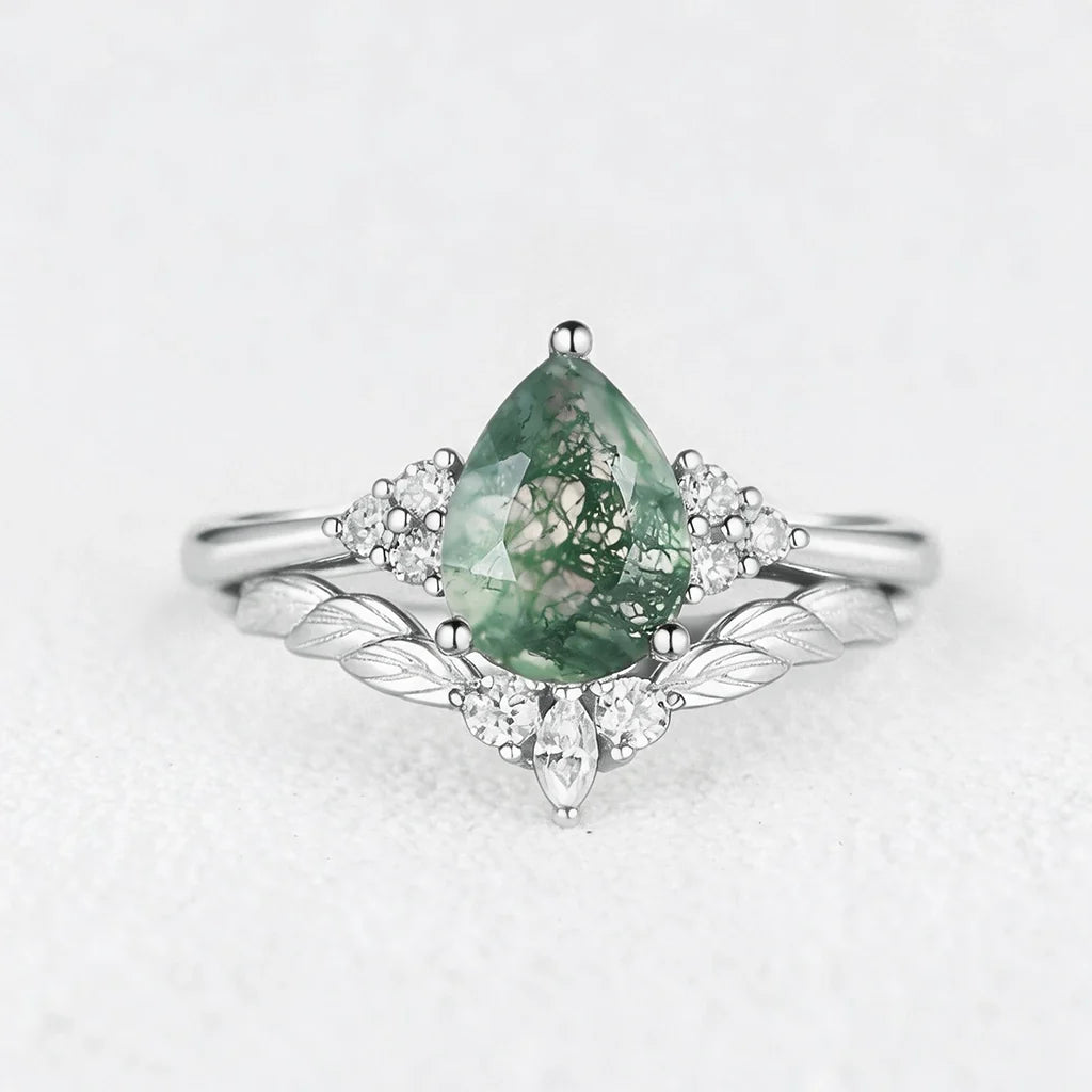 Mirabel’s Idyll | Unique Moss Agate Leaf Engagement Ring Set 2pcs