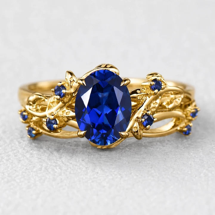 Alexandra’s Heritage | Art Deco Oval Blue Sapphire Vine Bridal Set 2pcs