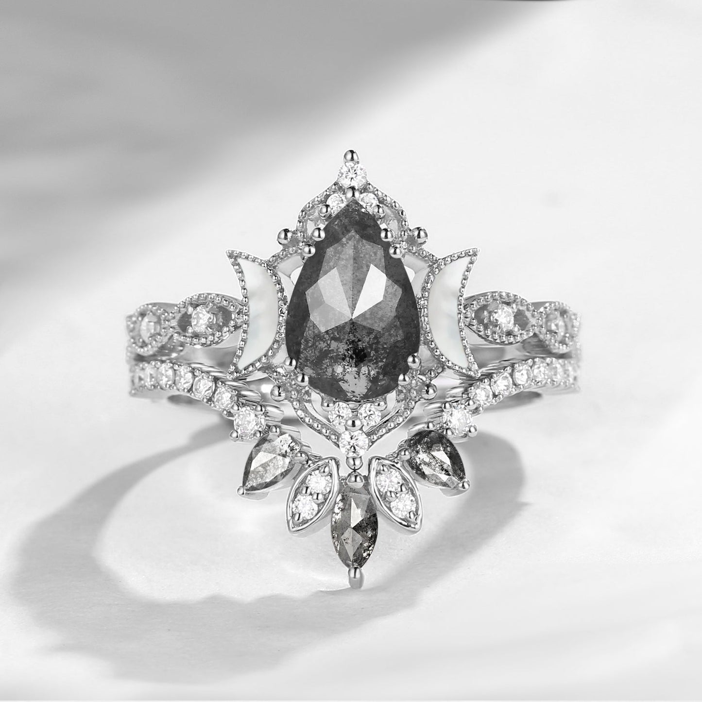 Crescent Moon | Pear Salt & Pepper Diamond & Mother of Pearl Moon 'Ultra Galaxy' Engagement Ring Set 2pcs