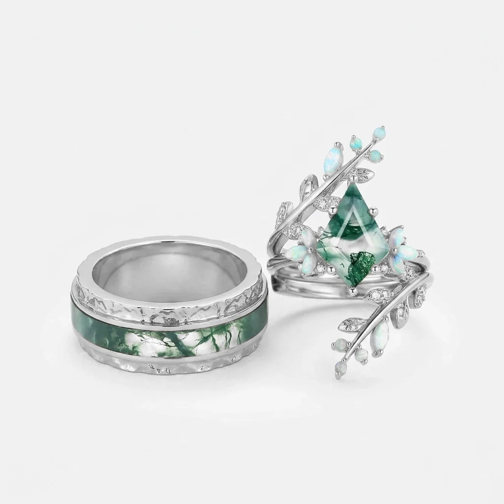 Knight’s Citadel | Kite Cut Moss Agate & Opal Couple Ring Set 3pcs