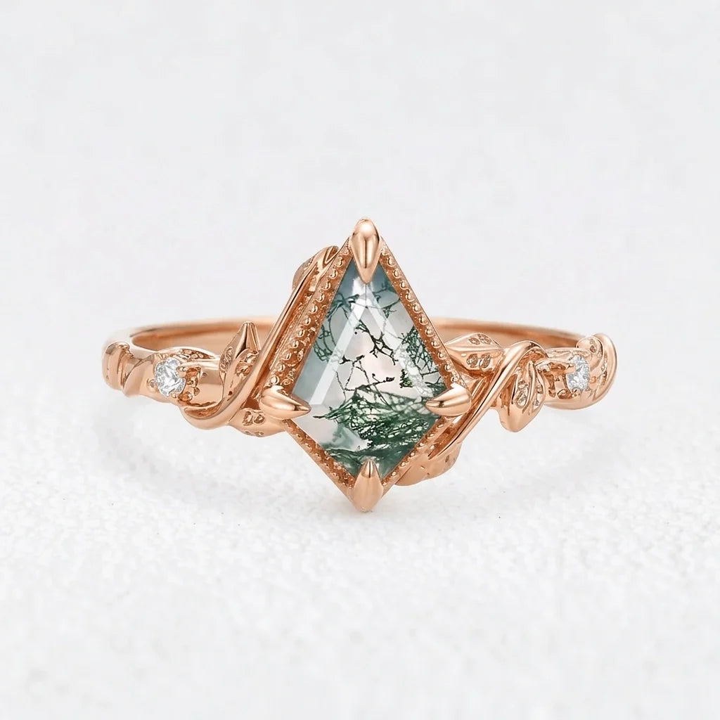 Isadora’s Imprint | Kite Moss Agate & Moissanite Foliage Engagement Ring