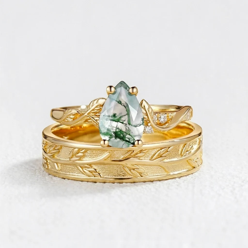 Laurel’s Spinney | Pear Moss Agate Leaf Wedding Band Couple Set 3pcs