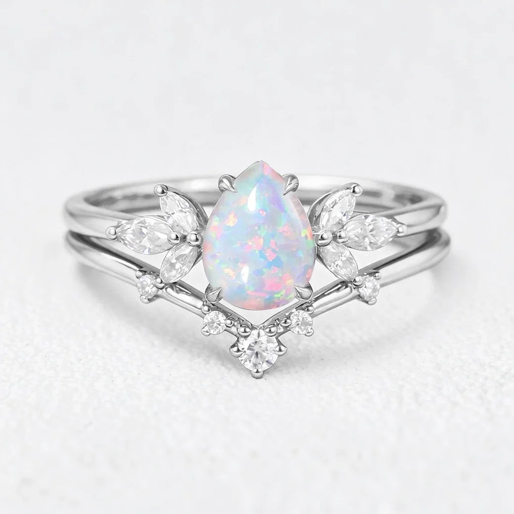Ophelia’s Mirage | Pear Opal with Moissanite Wings Bridal Duo