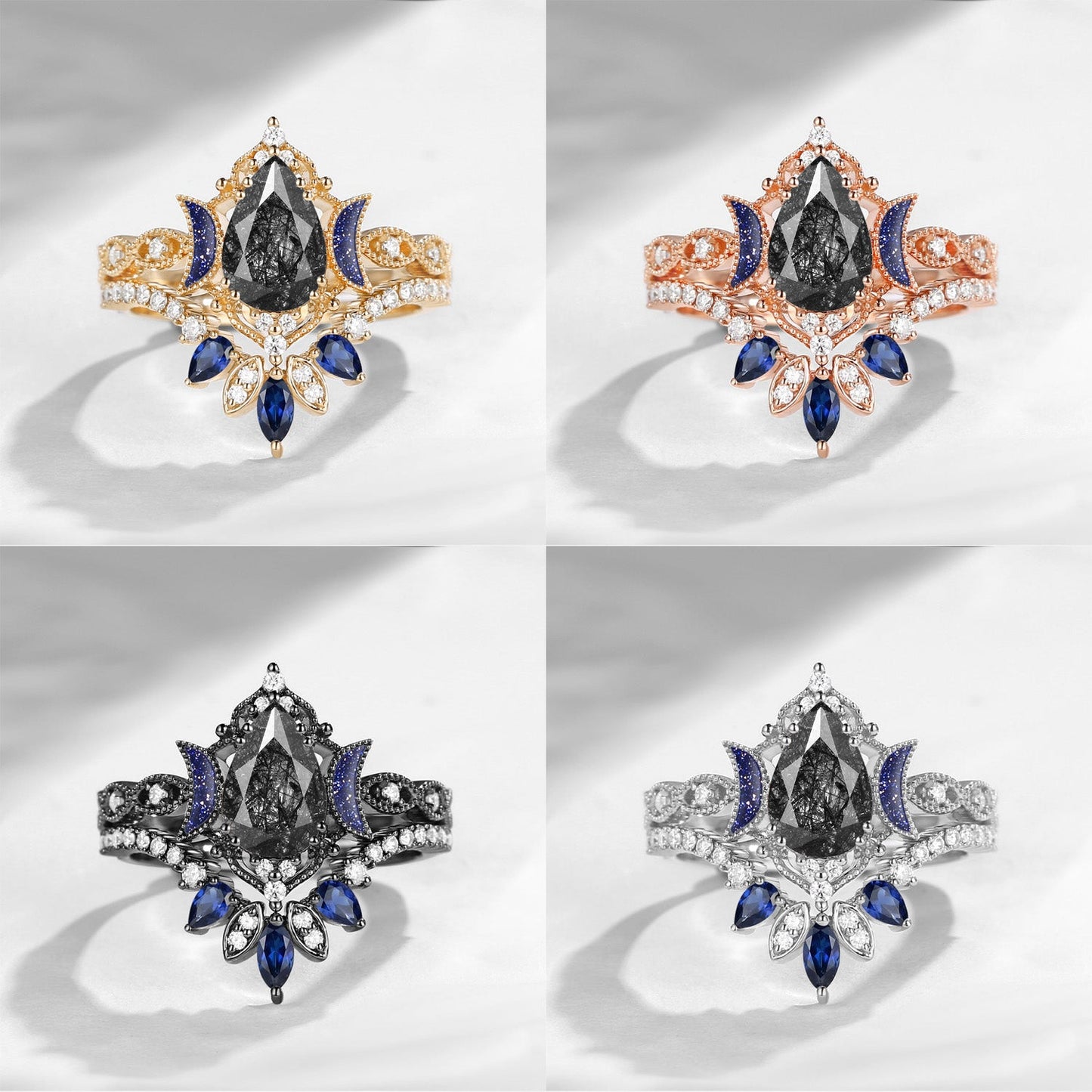 Crescent Moon | Blue Moon Inspired Pear Black Rutilated Quartz 'Ultra Galaxy' Engagement Ring Set 2pcs