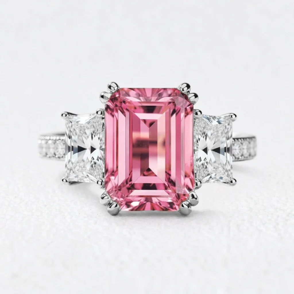 Cleo's Romance | 3CT Emerald Cut Pink Sapphire Engagement  Ring