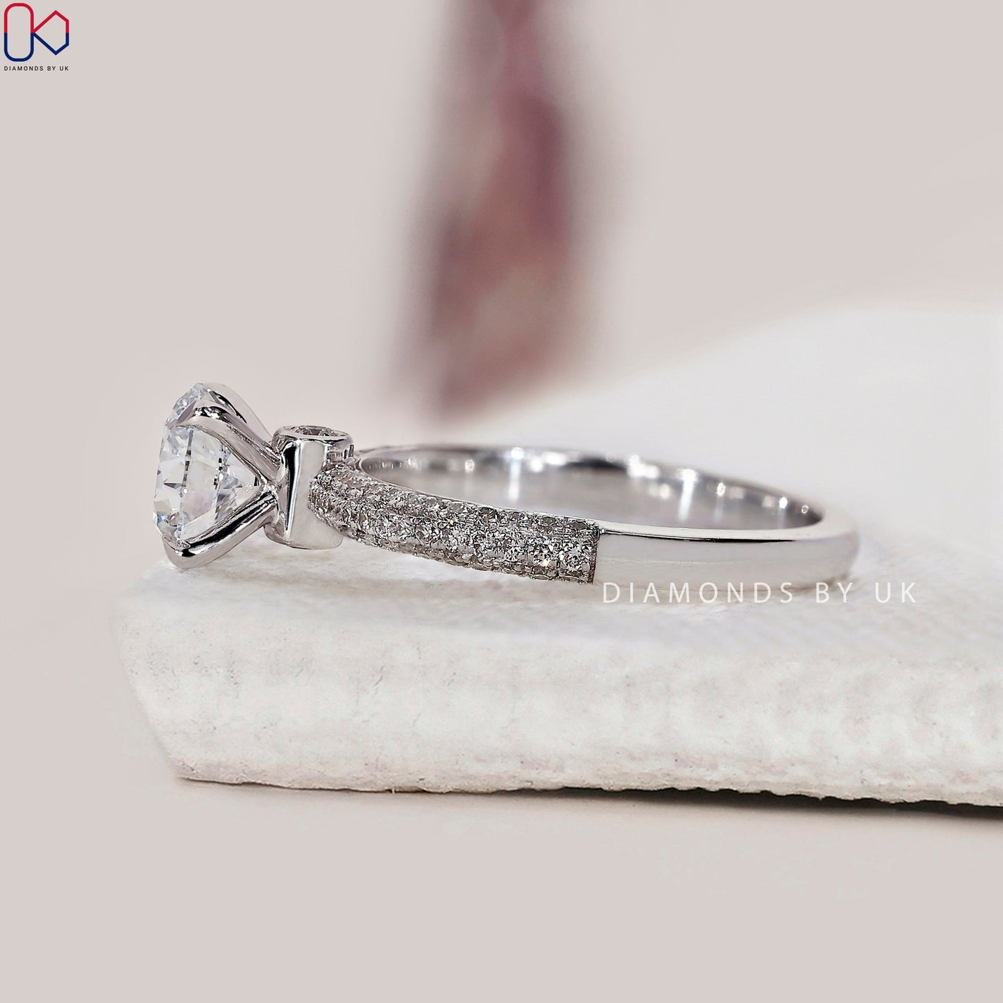 Round Diamond 3 Sided Pave Engagement Ring