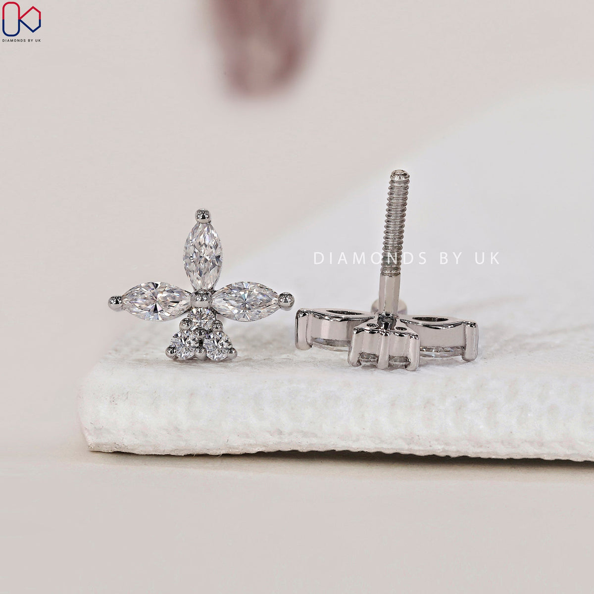 Floral Stud Earrings - Marquise and Round Diamond