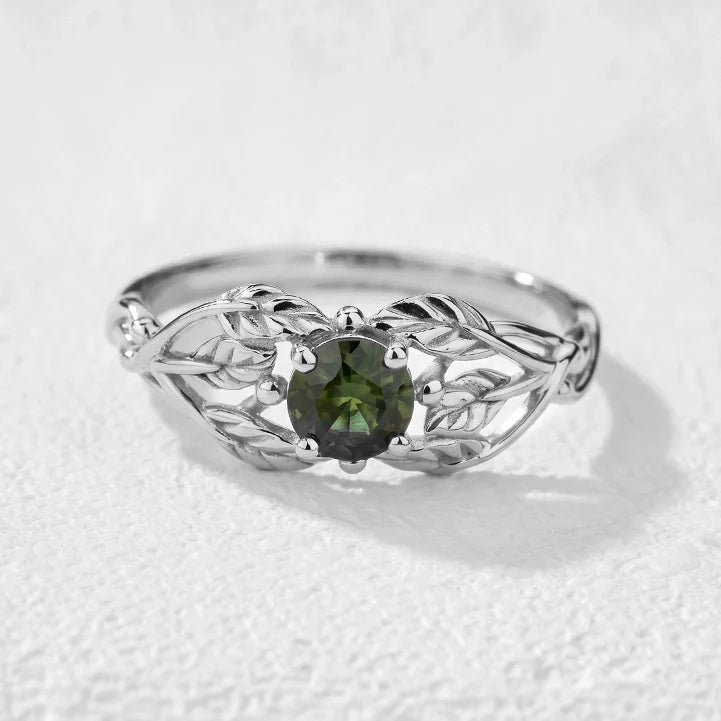 Scarlett’s Laurel | Round Red Sapphire Solitaire with Laurel Leaves Engagement Ring