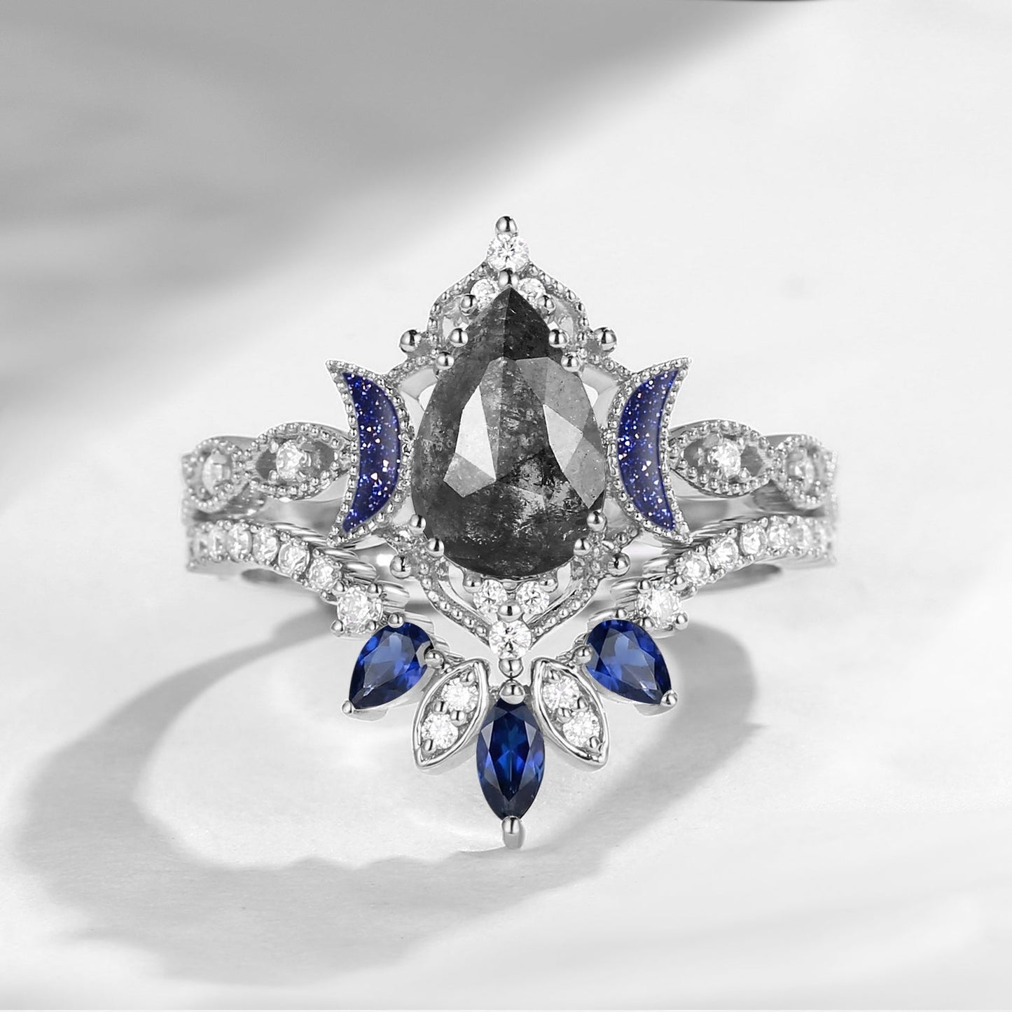 Crescent Moon | Blue Moon Inspired Pear Salt & Pepper Diamond 'Ultra Galaxy' Engagement Ring Set 2pcs