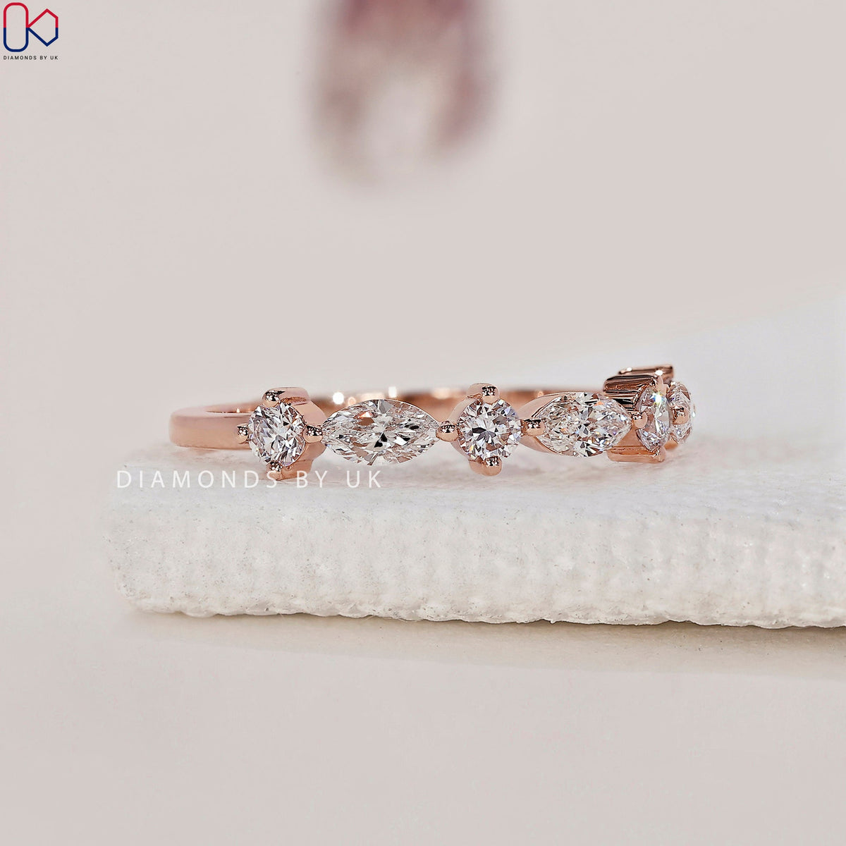 Rose Gold Round And Marquise Wedding Band