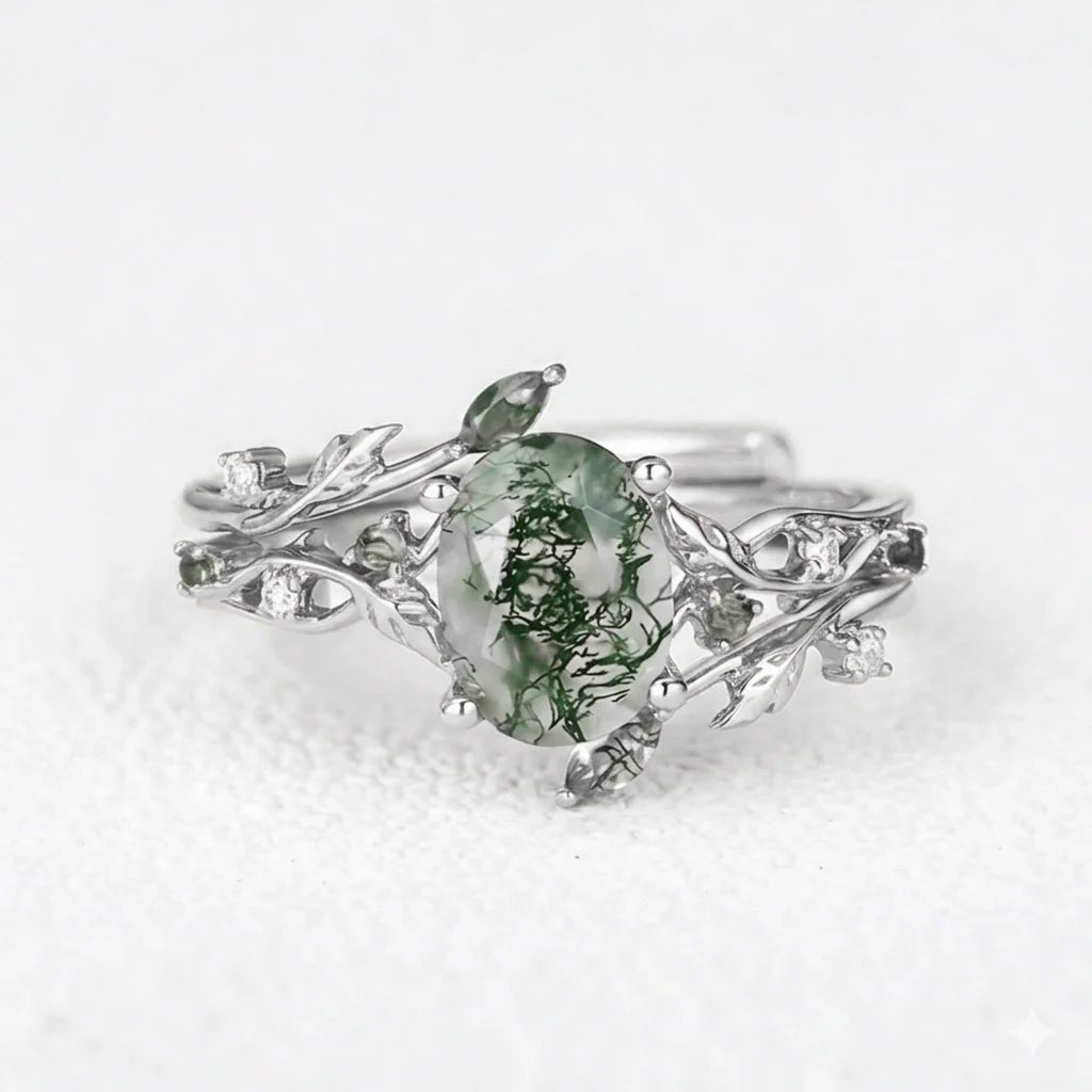 Melisande’s Tracery | Green Moss Agate Leaf Engagement Ring Set 2pcs