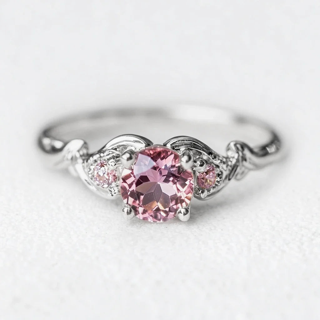 Rosalind’s Enclave | Round Pink Sapphire Foliage Engagement Ring