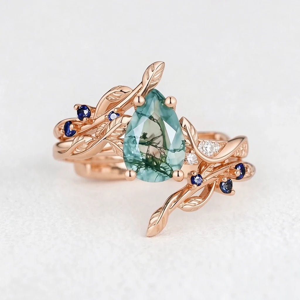Cressida’s Companion | Moss Agate & Sapphire Engagement Enhancer Ring Set 2pcs