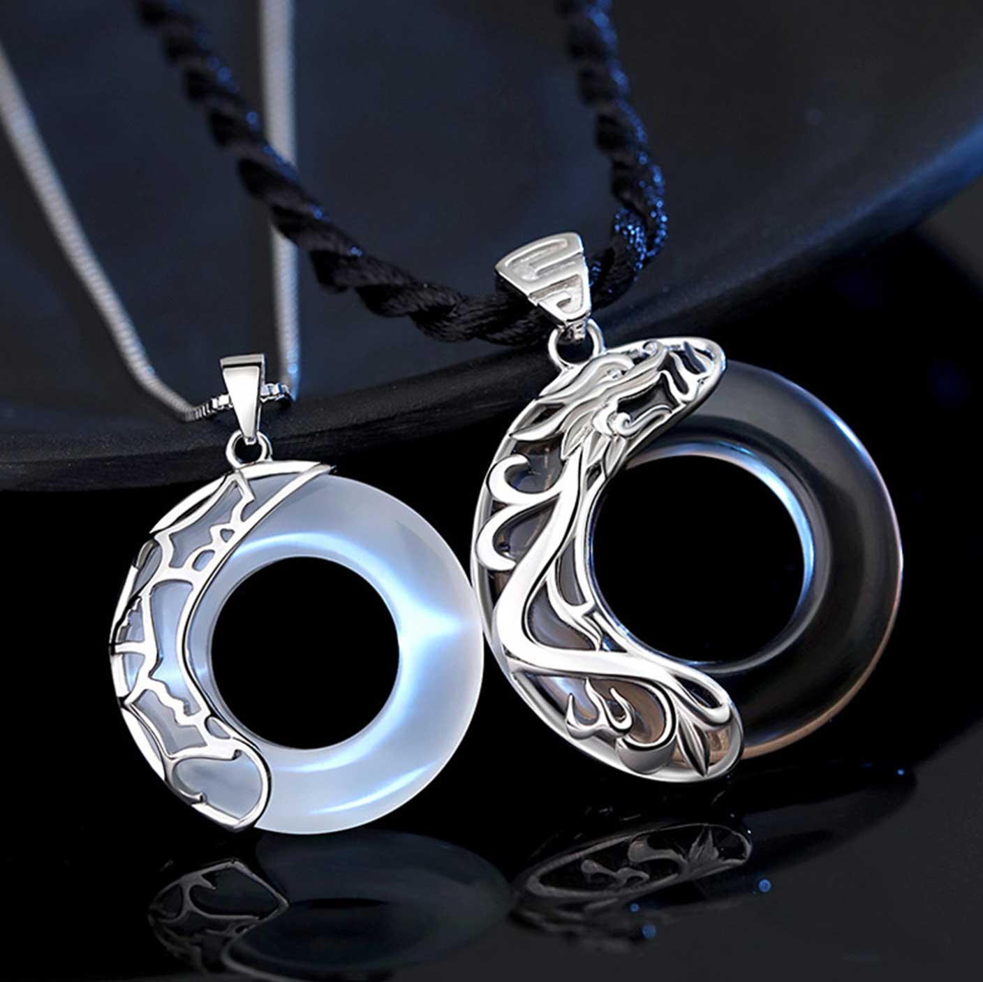 Obsidian Dragon and Opal Phoenix Couple Protection Necklace