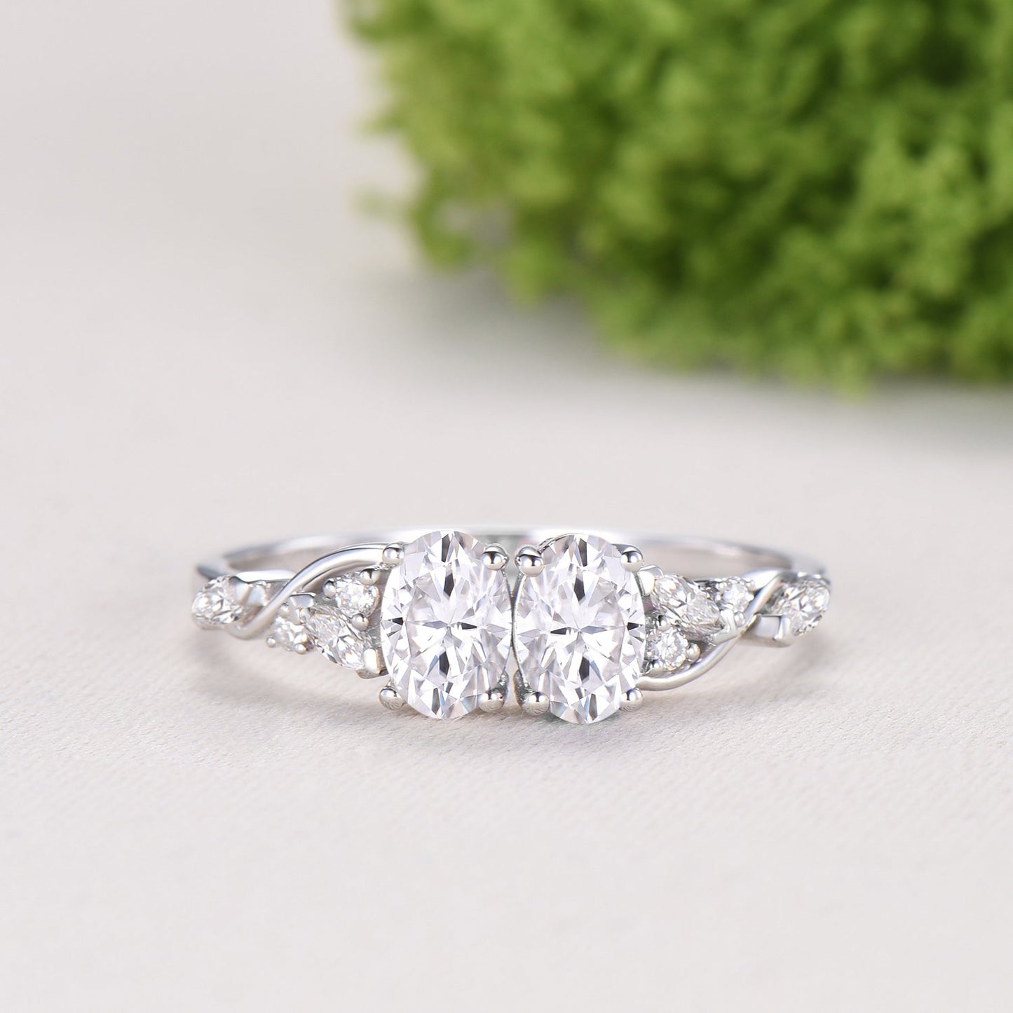 Toi et Moi Oval Moissanite Engagement Ring | Two Stone 14K White Gold Vine Anniversary Ring