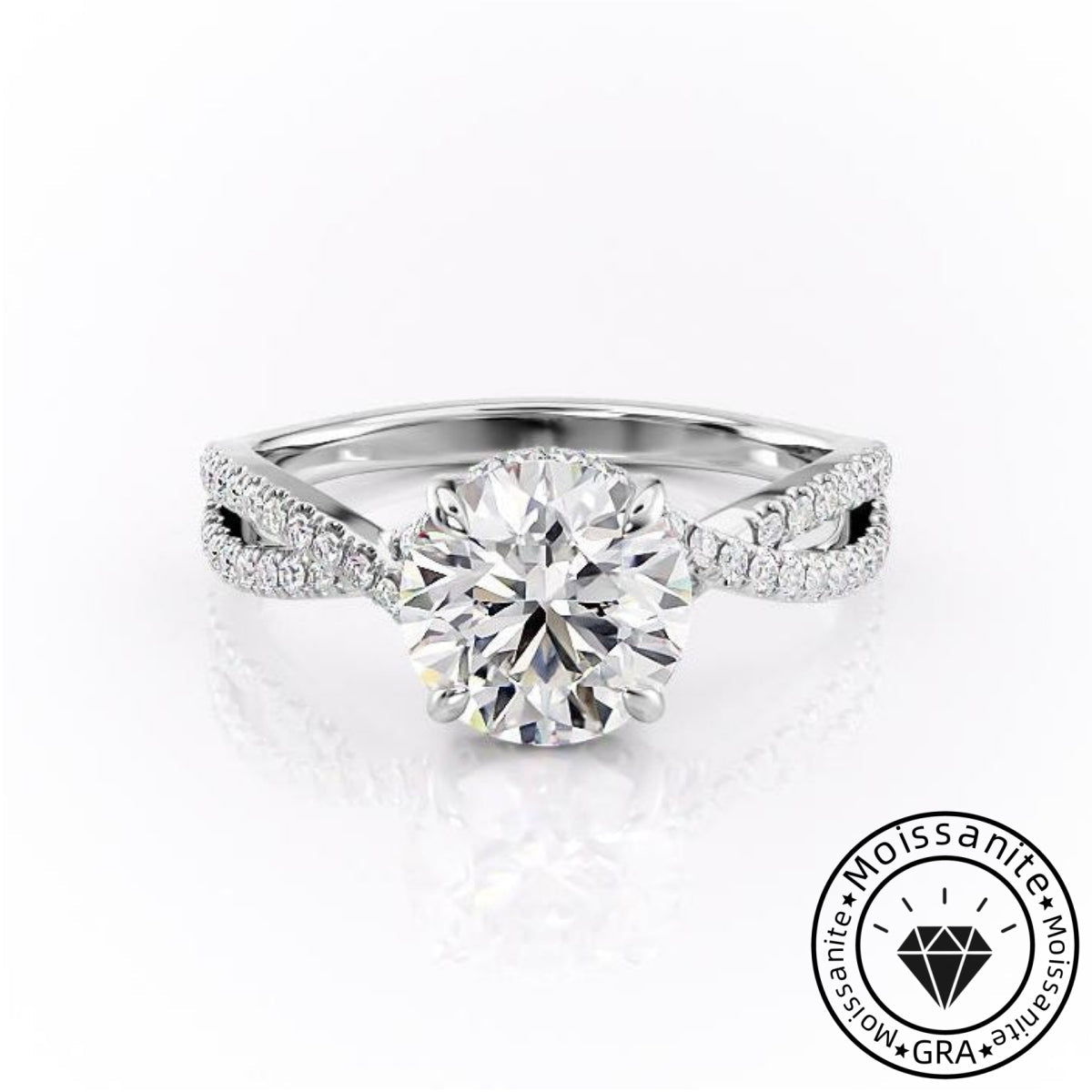 Burnished Solarii Moissanite 2.0ct Round Cut 925 Sterling Silver Twist Design Engagement Ring
