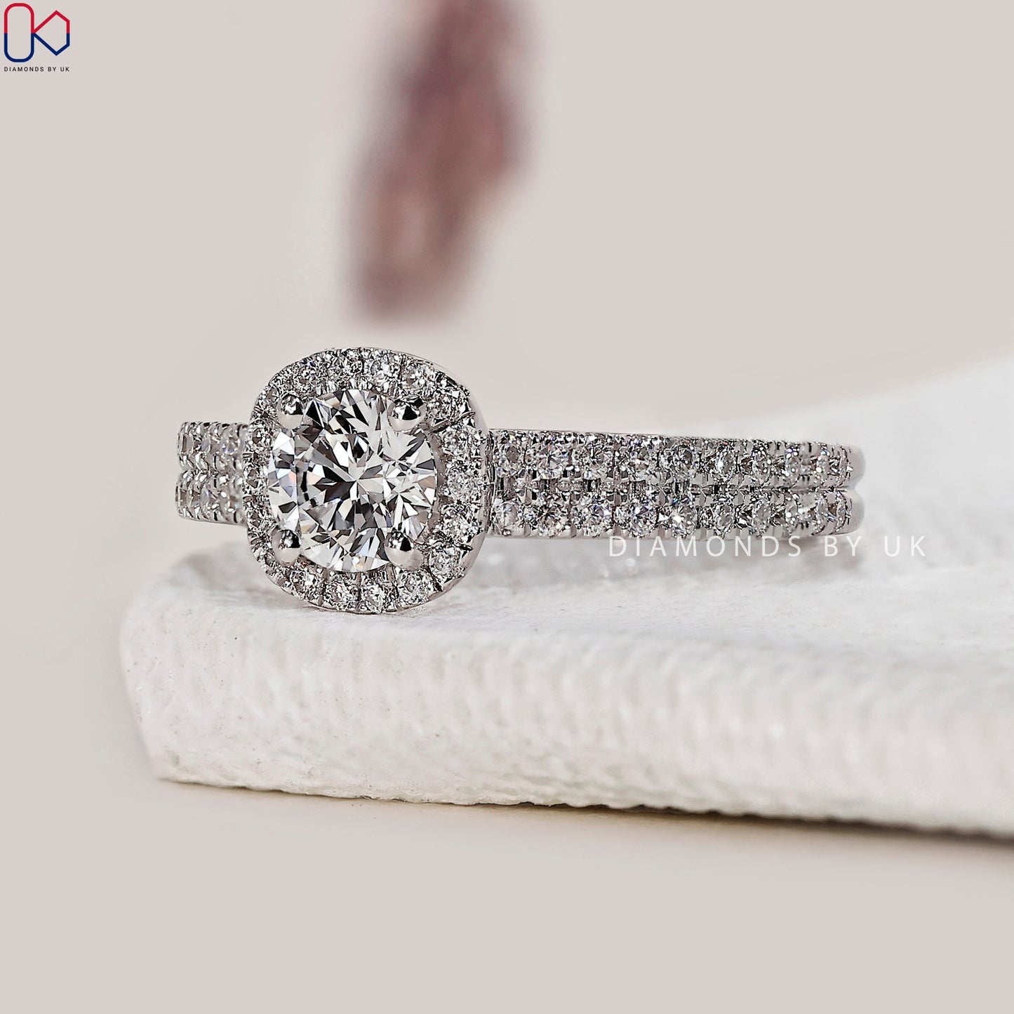 Round Diamond Double Row Pave Engagement Ring