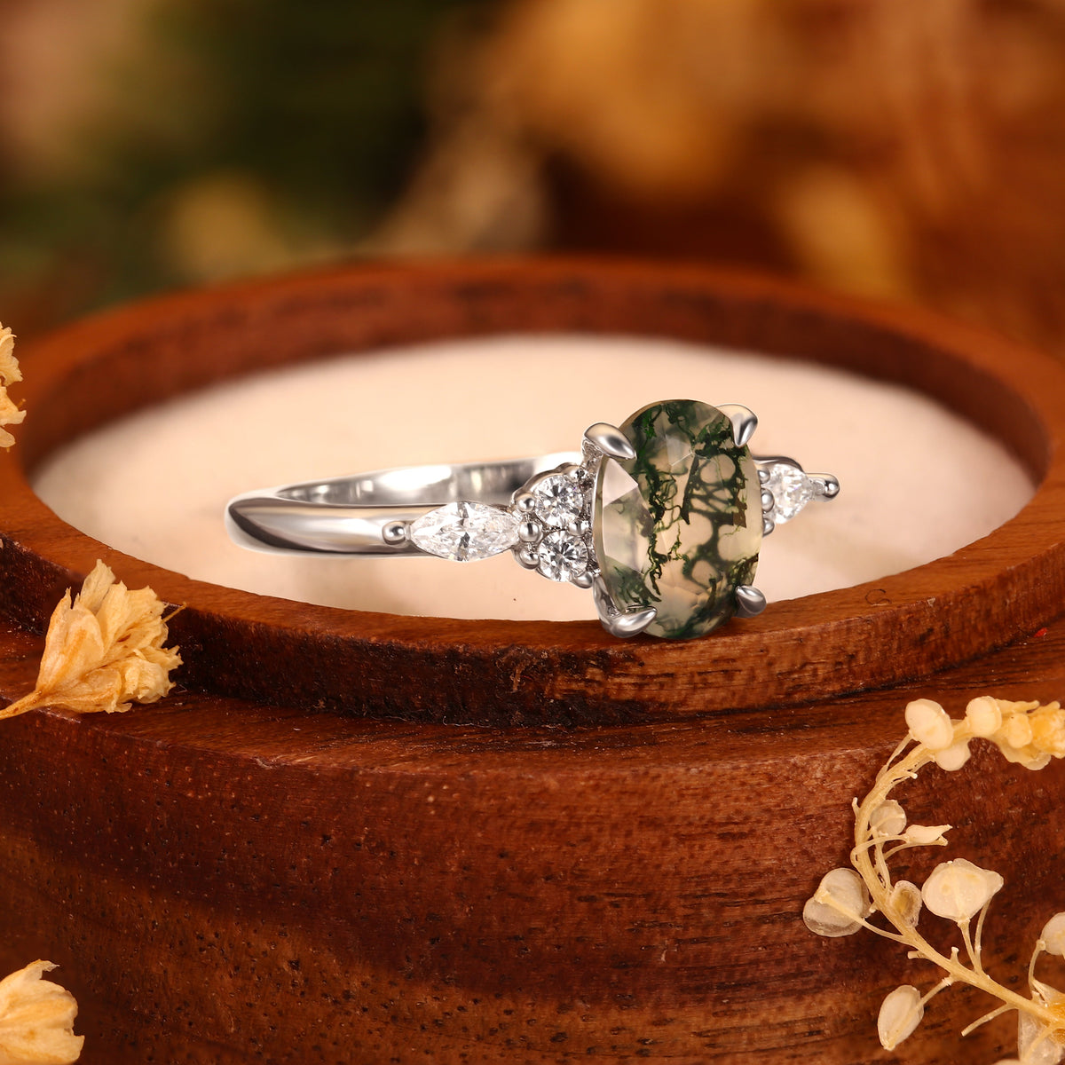 Vintage 6*8mm Oval Moss Agate Engagement Ring with Marquise Cluster Side Stones