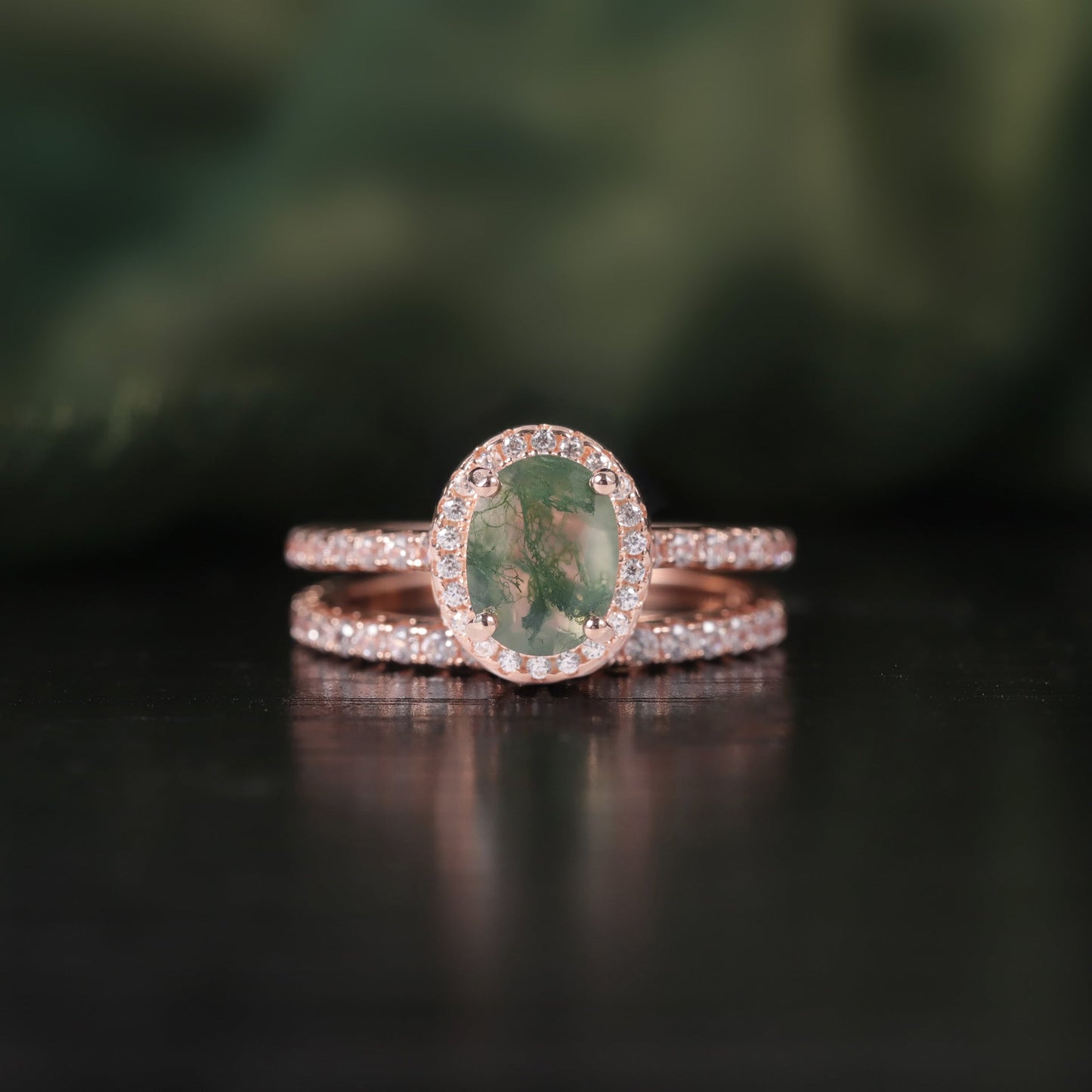 Oval Halo Zircon Pave Moss Agate Classic Engagement Ring Set 2pcs