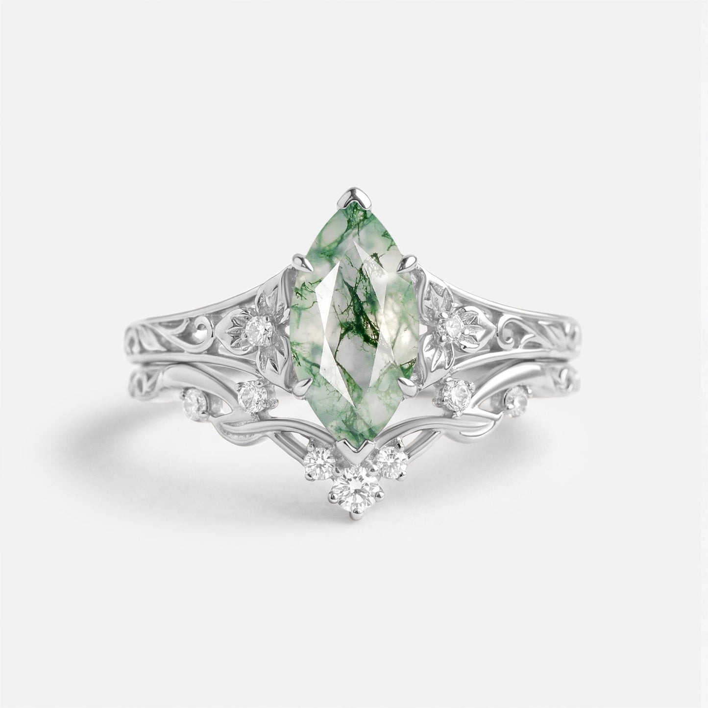 Marquise Moss Agate Flower Engagement Ring Sets 2pcs - Florian