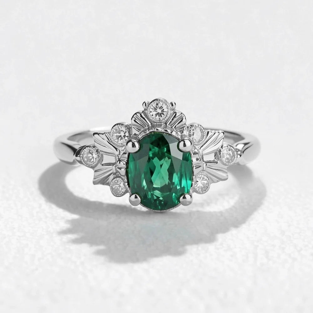 Isolde’s Willow | Vintage Oval Natural Emerald Engagement Ring