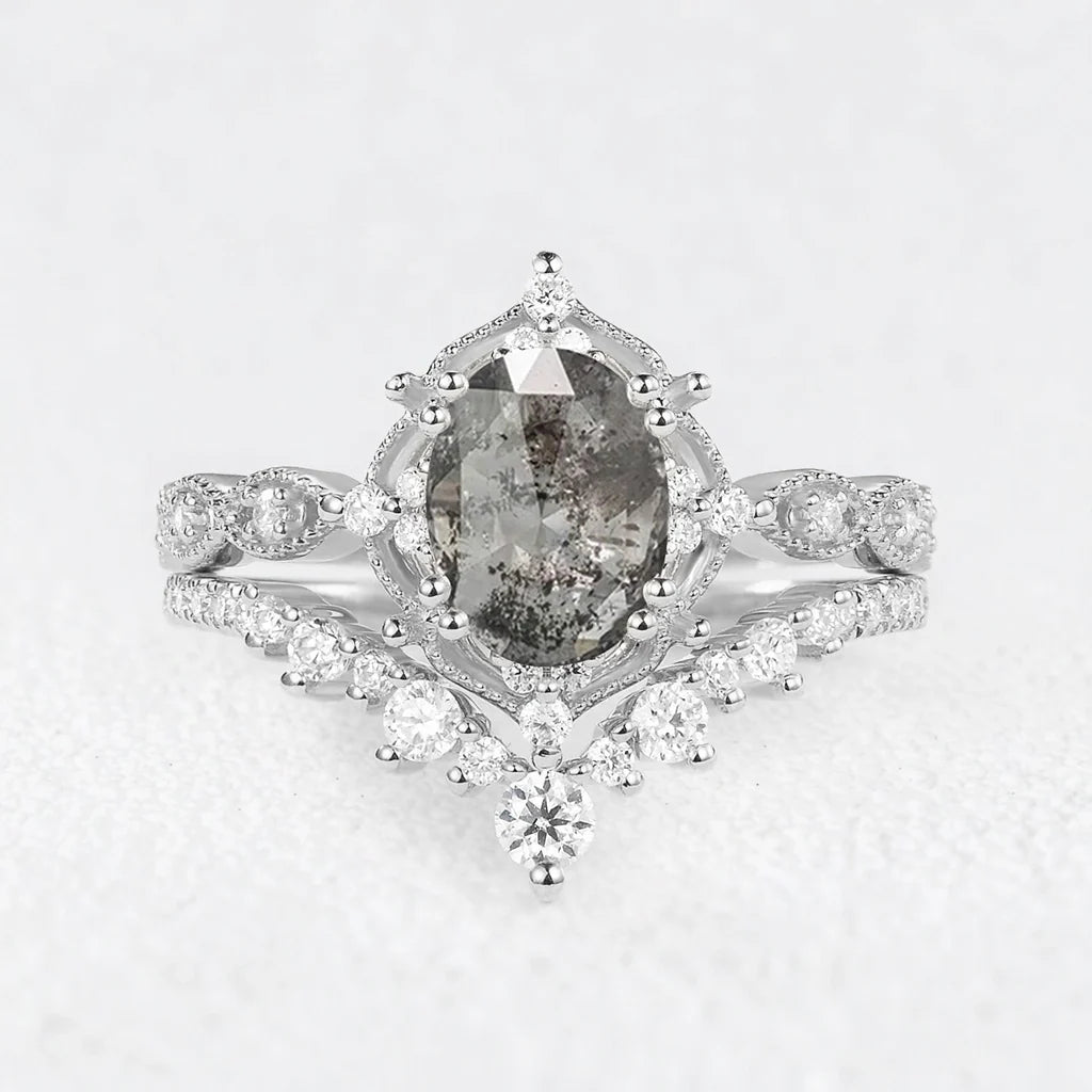 Charlotte’s Grace | 1.5CT Oval Salt & Pepper Diamond Vintage Bridal Set 2pcs