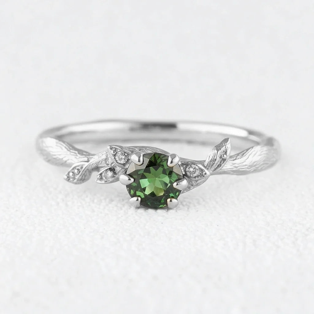 Fairy Glen | Teal Sapphire Engagement Ring with Leaf Band