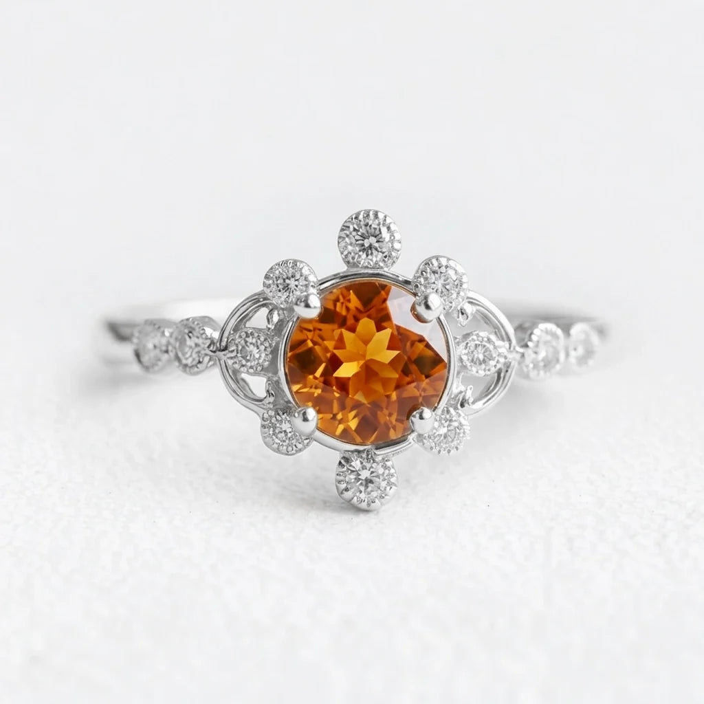 Aurora’s Ember | Round Citrine Vintage Halo Engagement Ring