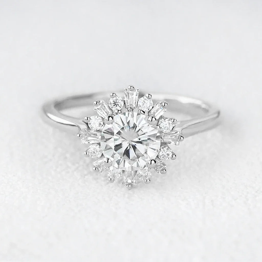 Aurora’s Sunburst | 1CT Round Diamond Halo Engagement Ring
