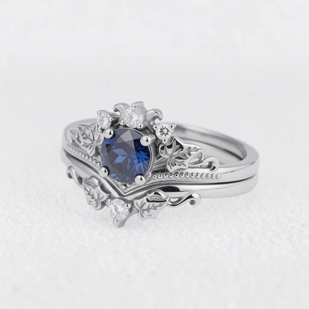 Ivy’s Wreath | Round Blue Sapphire & Diamond Vintage Bridal Set 2pcs
