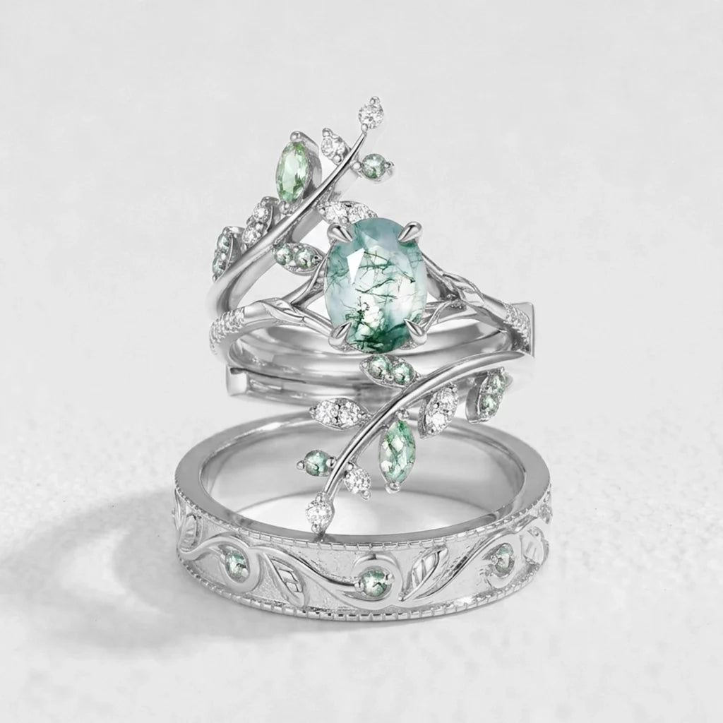 Daphne’s Canopy | Oval Cut Green Moss Agate Cluster Couple Ring Set