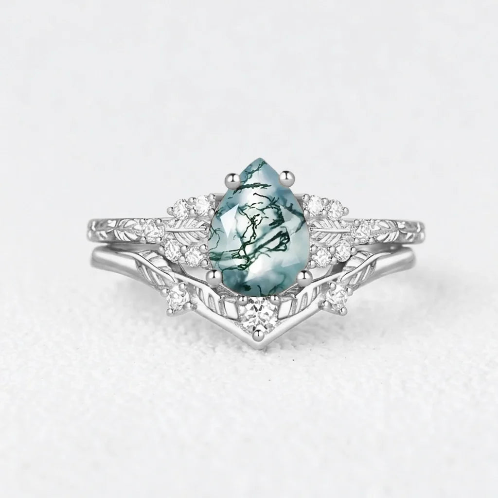 Hortense  Leaf Nature Inspired Pear Cut Moss Agate Engagement Ring Set 2pcs