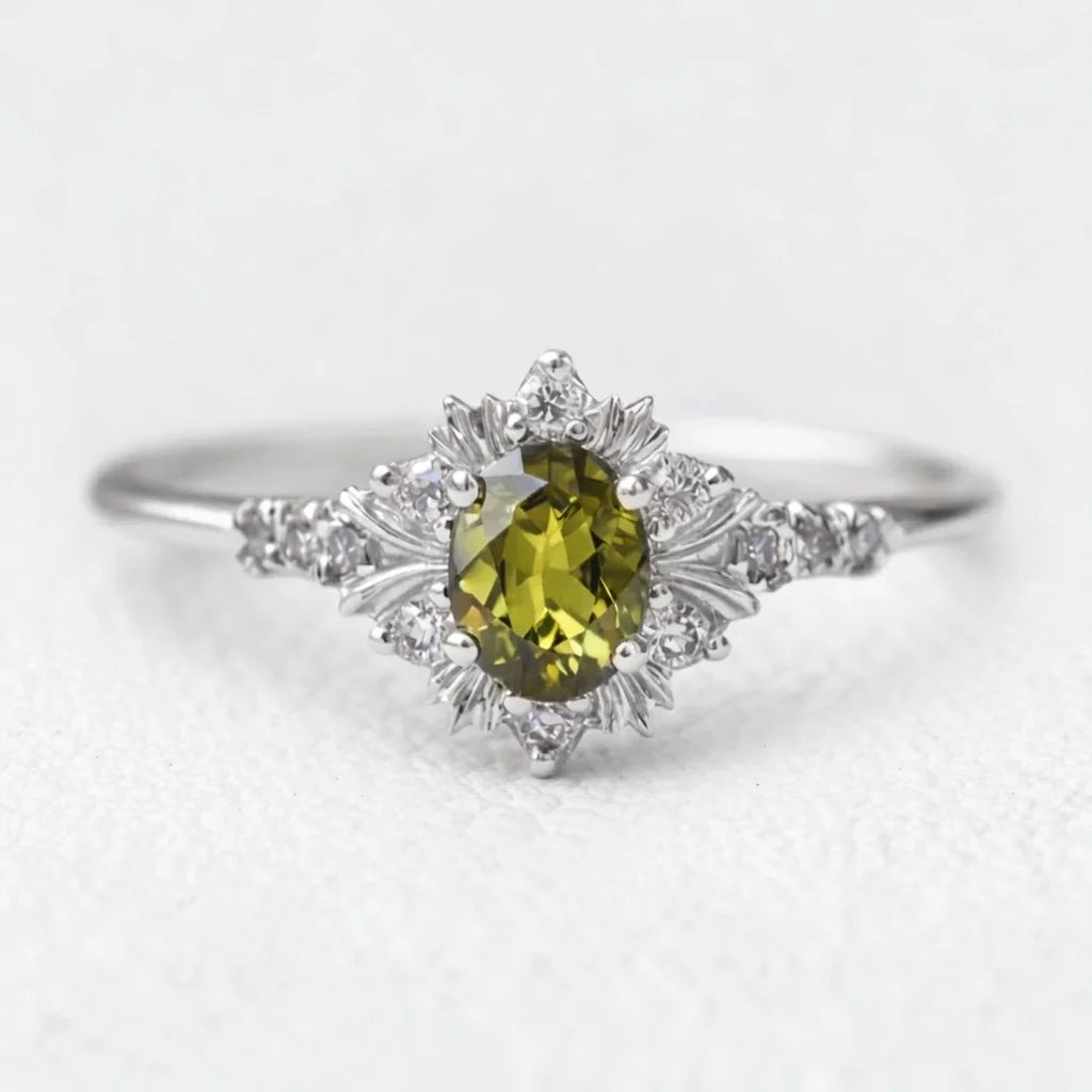 Rosalind’s Amber | 1CT Oval Cut Olive Yellow Sapphire Halo Engagement Ring