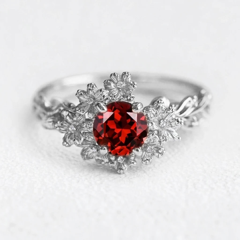 Isadora’s Crimson | Round Garnet Solitaire Petal Engagement Ring