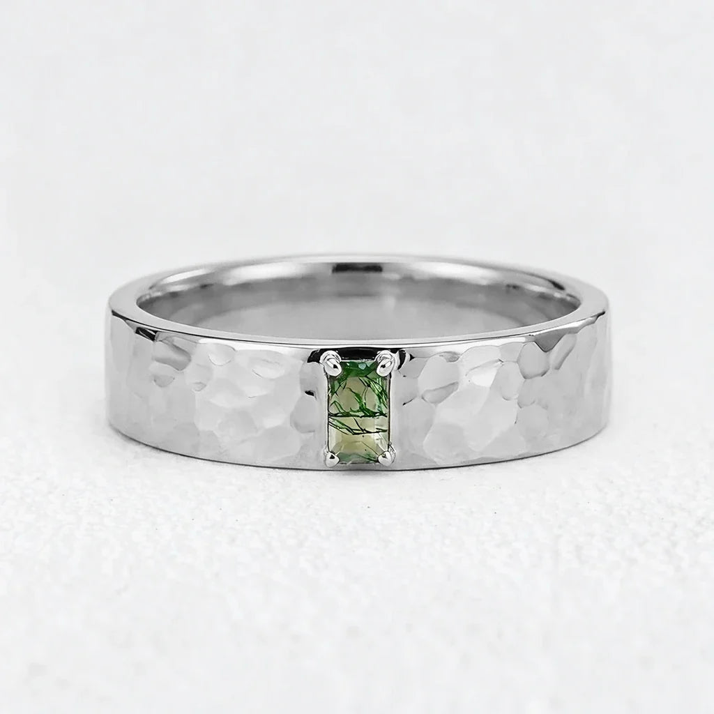 Marcus’s Keystone | Hammered Moss Agate Men’s Wedding Band