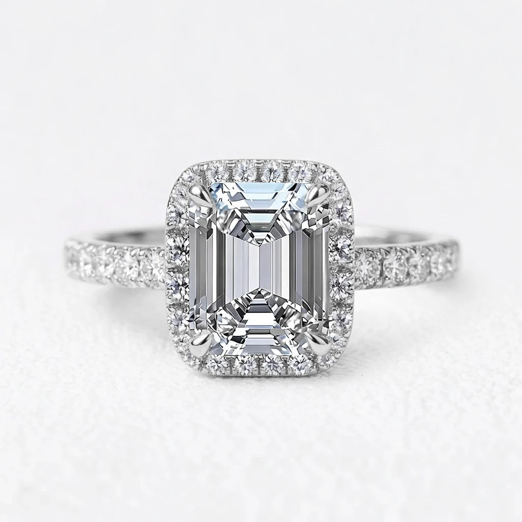 Lyra's Lumen | 2CT Emerald Cut Diamond Halo Engagement Ring