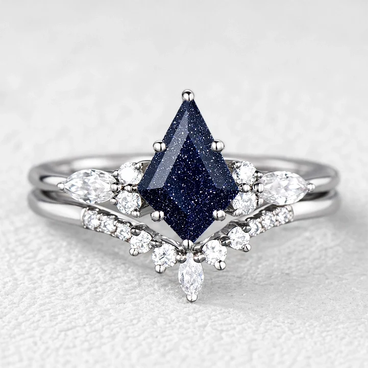 Stella’s Spark | Kite Cut Blue Sandstone & Marquise Moissanite Bridal Set 2pcs