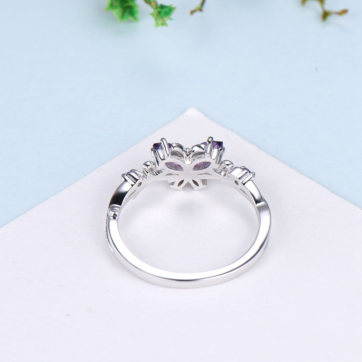Vintage Butterfly Amethyst Engagement Ring Unique marquise cut purple amethyst silver white gold flower promise ring anniversary gift women