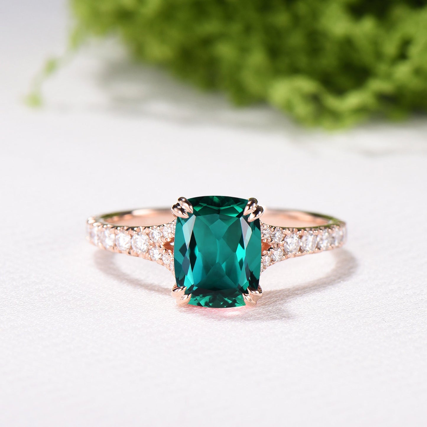 Vintage Cushion Cut Emerald Engagement Ring, Rose Gold Split Shank Pave Diamond Ring