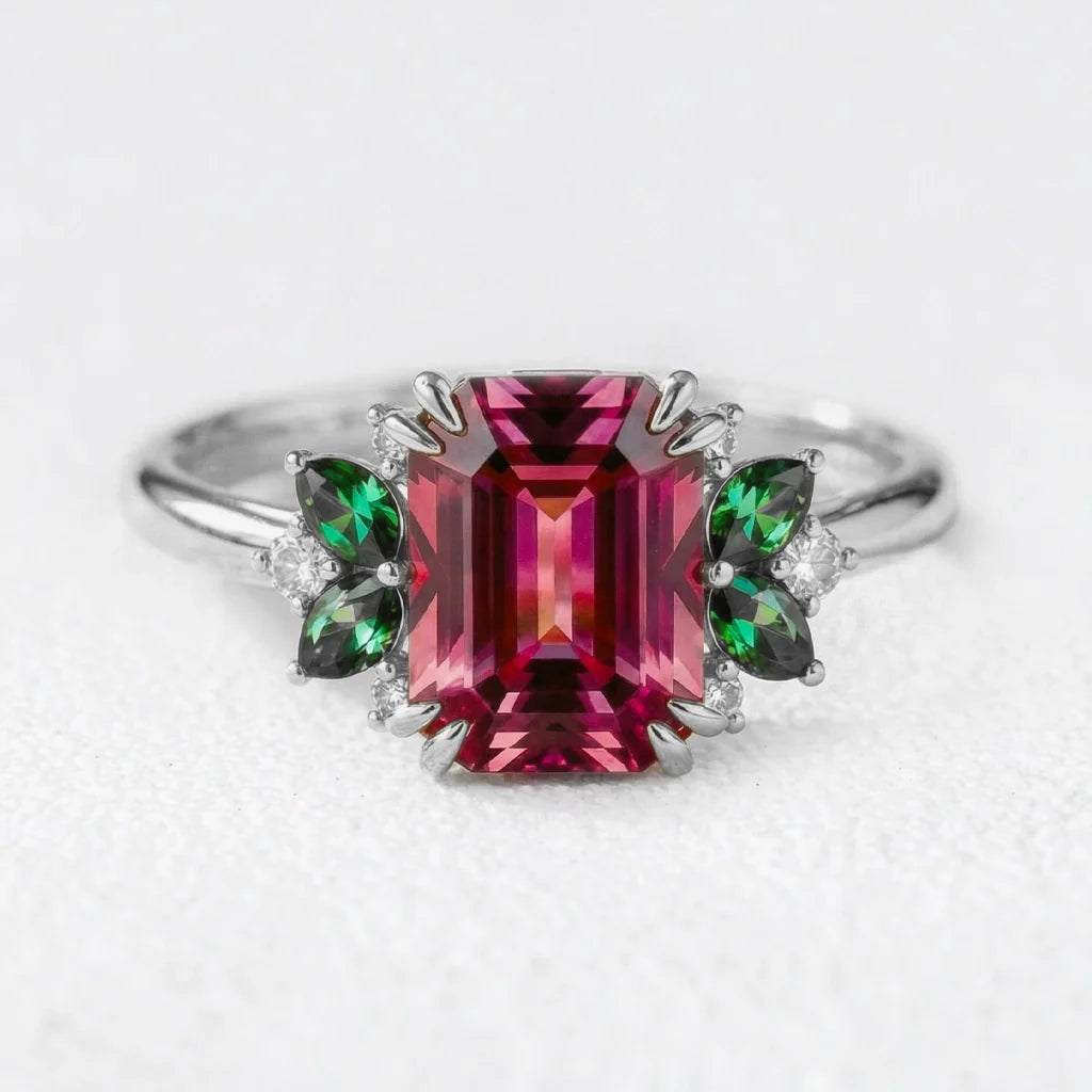 Scarlett’s Ode | 3CT Emerald Cut Ruby Halo Engagement Ring