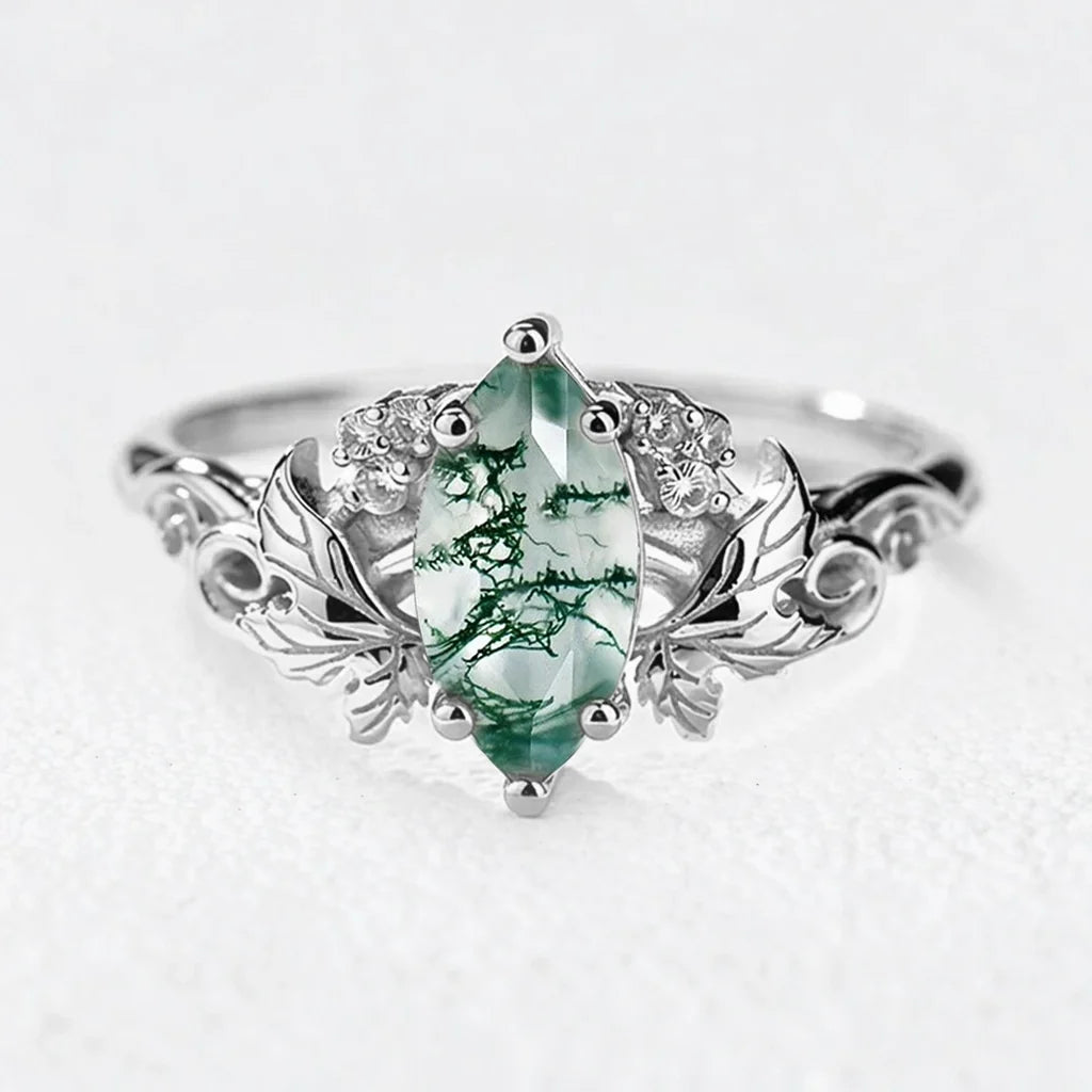 Daphne’s Laurel | Marquise Moss Agate with Diamond Leaves