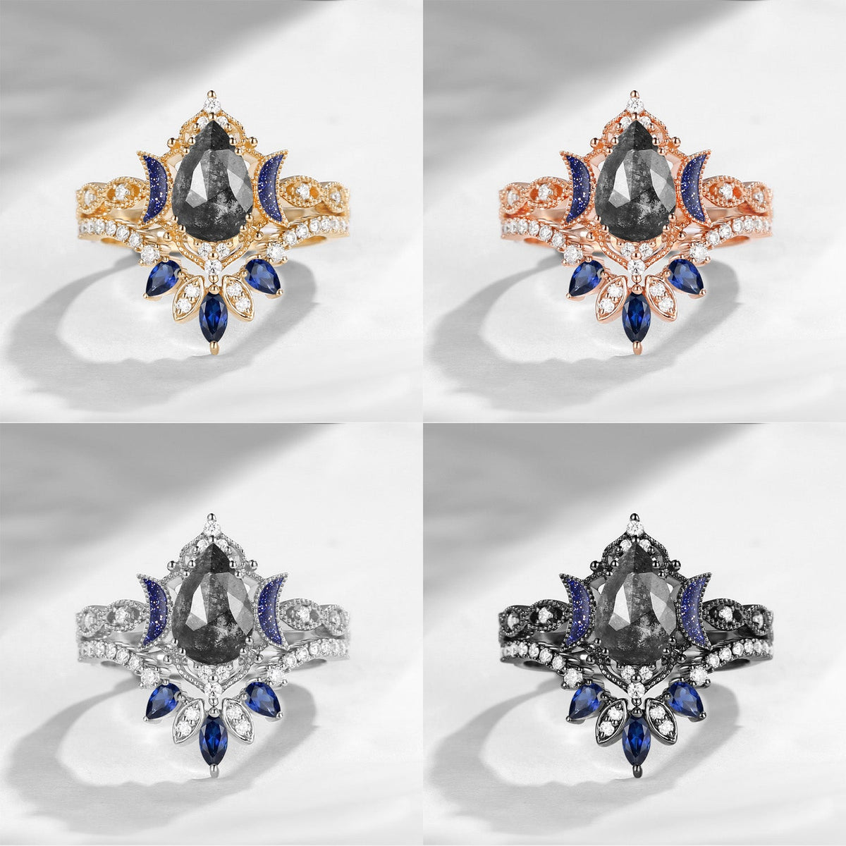 Crescent Moon | Blue Moon Inspired Pear Salt & Pepper Diamond 'Ultra Galaxy' Engagement Ring Set 2pcs