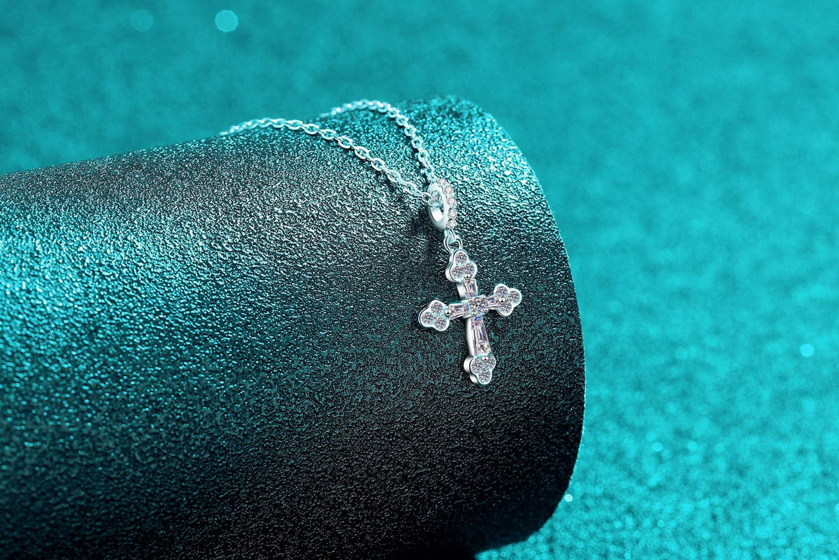Dainty Moissanite Cross Pendant Necklace - 925 Sterling Silver Brilliant Cut Faith Jewelry for Women