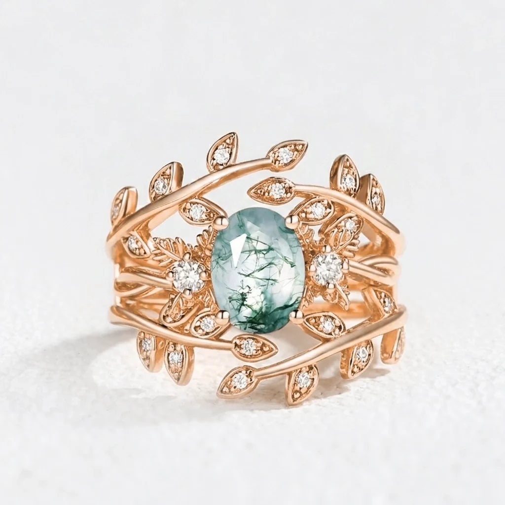 Léonie Oval Cut Moss Agate Leafy Enhancer Ring Set 2pcs