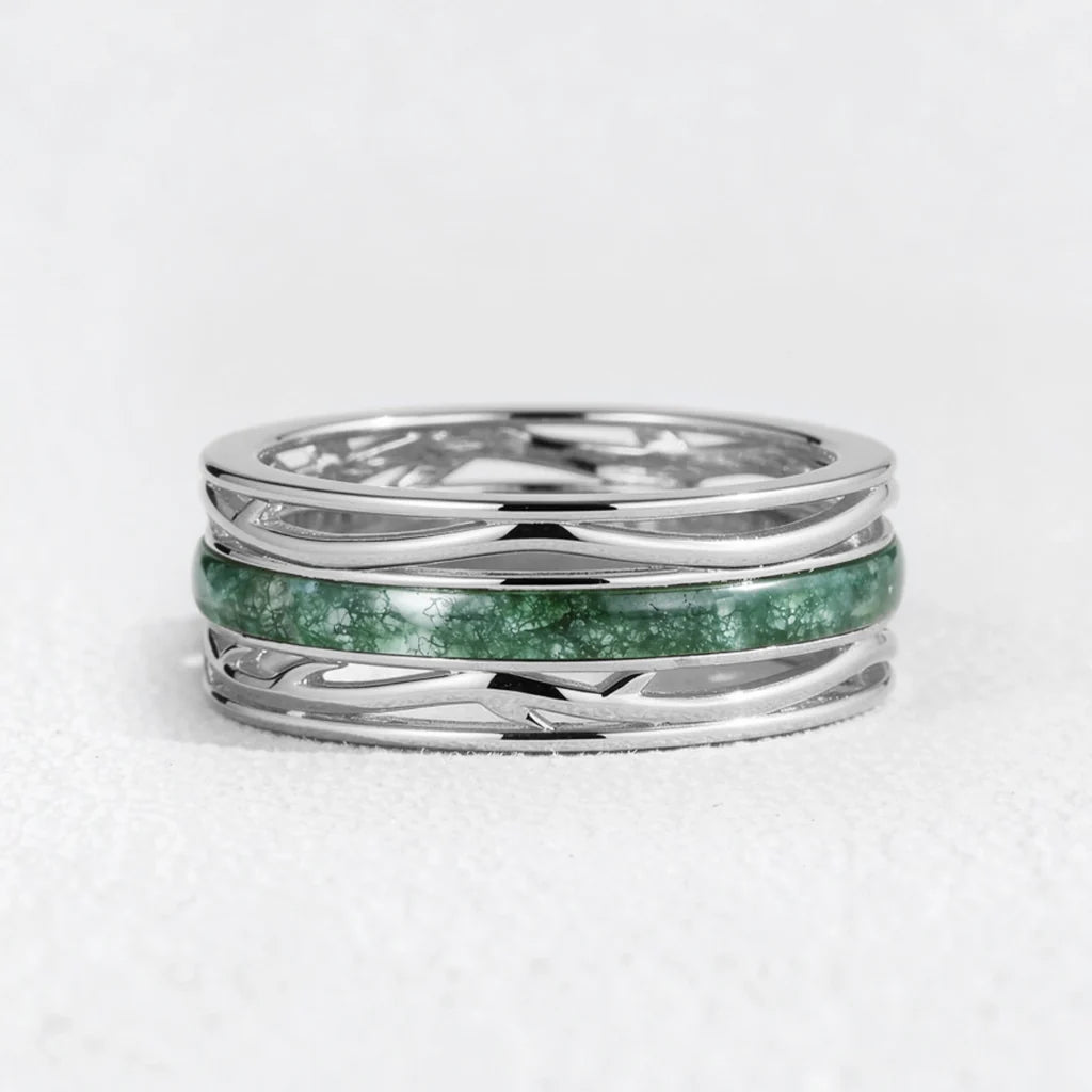 Odin’s Dominion | 8MM Moss Agate Men’s Ring with Openwork Branch Sides