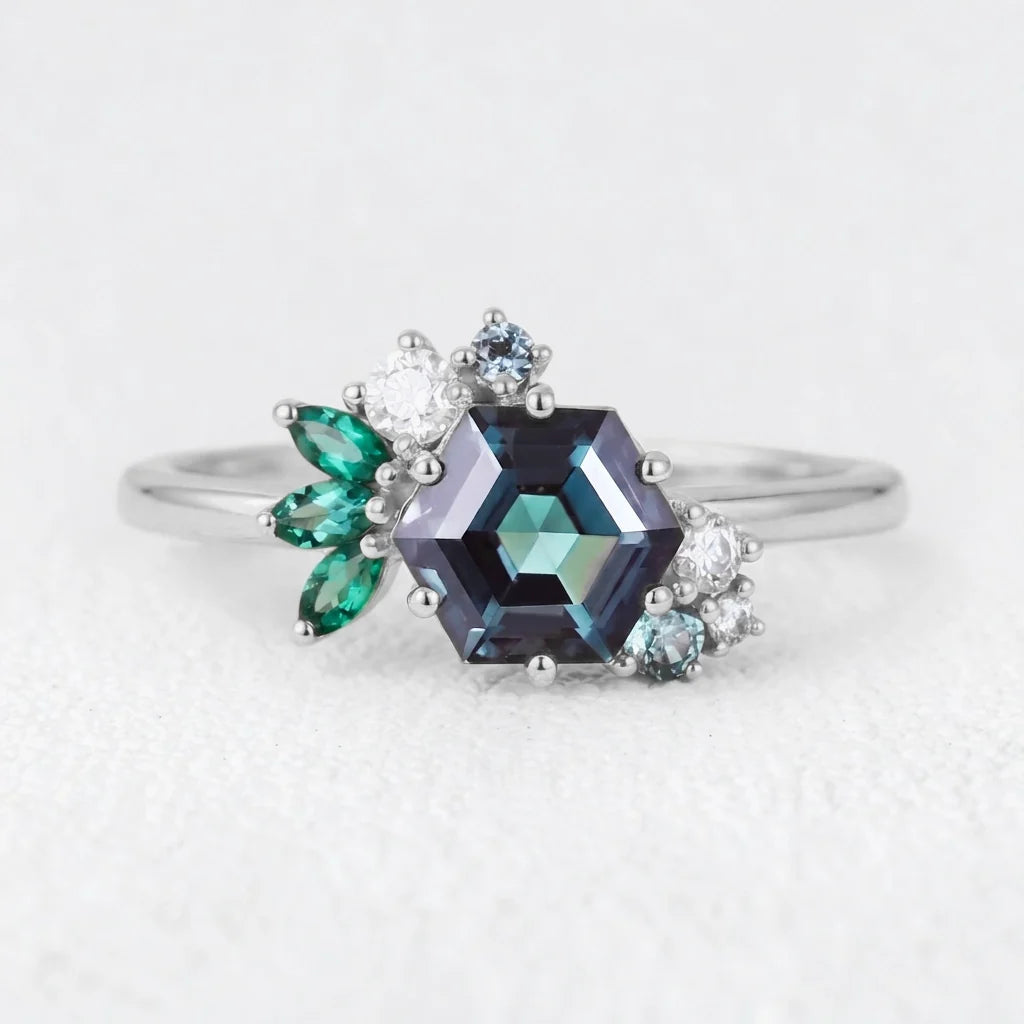 Isadora’s Prism | Hexagon Alexandrite Cluster Engagement Ring