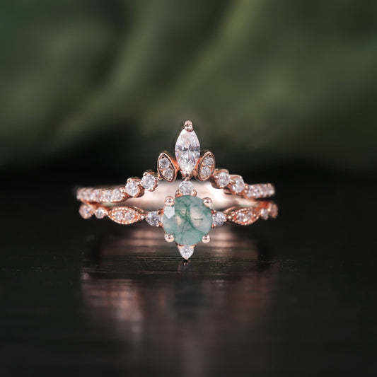 Round Cut Moss Agate Unique Engagement Ring Set 2pcs